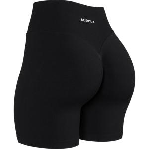 imageAUROLA Impressive Collection Workout Shorts for WomenHigh Waisted VShape Seam Gym Embossed Logo Athletic Fitness ShortBlack