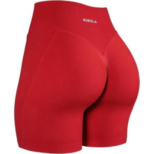 imageAUROLA Impressive Collection Workout Shorts for WomenHigh Waisted VShape Seam Gym Embossed Logo Athletic Fitness ShortChili Red