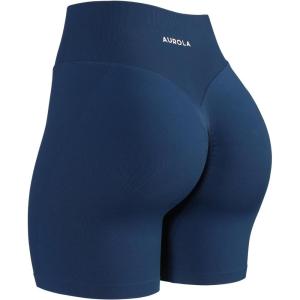 imageAUROLA Impressive Collection Workout Shorts for WomenHigh Waisted VShape Seam Gym Embossed Logo Athletic Fitness ShortEnsign Blue