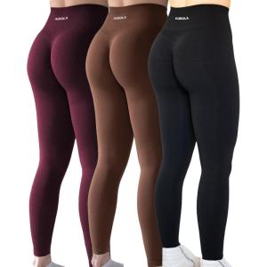 imageAUROLA Workout Leggings for Women Seamless Scrunch Tights Tummy Control Gym Fitness Girl Sport Active Yoga PantsPackblackBlack CherryDandelion Brown