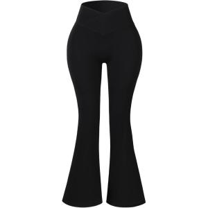 imageAUROLA Fire Flare Leggings for Women Crossover High Waisted Yoga Pants Tummy Control Wide Leg Bootcut LeggingsBlack