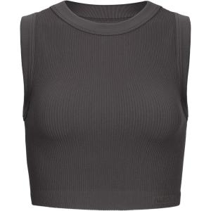 imageAUROLA Essentials Rib Seamless Sleeveless Tank for Women Subtle Logo Round Neck Active Workout Crop TopsBracken Brown