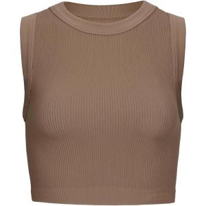 imageAUROLA Essentials Rib Seamless Sleeveless Tank for Women Subtle Logo Round Neck Active Workout Crop TopsLion Brown