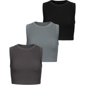 imageAUROLA Essentials Rib Seamless Sleeveless Tank for Women Subtle Logo Round Neck Active Workout Crop TopsPack Blacksteel Greybracken Brown
