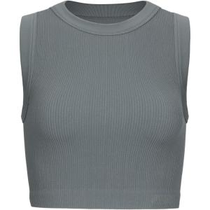 imageAUROLA Essentials Rib Seamless Sleeveless Tank for Women Subtle Logo Round Neck Active Workout Crop TopsSteel Grey