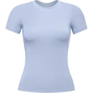 imageAUROLA Everyday Fitted TShirt for WomenCrew Neck Basic Short Sleeves T ShirtCrop Tops Modal Slim Fit TeeChambray Blue