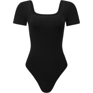 imageAUROLA Everyday Square Neck BodysuitsGoing Out Short Sleeve Double Lined Stretchy Shirt TopsBlack