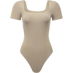 imageAUROLA Everyday Square Neck BodysuitsGoing Out Short Sleeve Double Lined Stretchy Shirt TopsSand