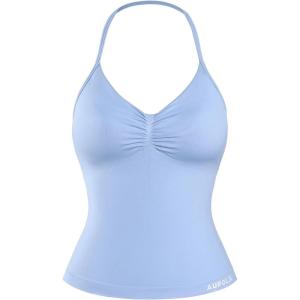 imageAUROLA Influence Longline Strappy Top Workout Tank Tops for Women Built in Shelf Bras Impact Gym Sports BraAiry Blue