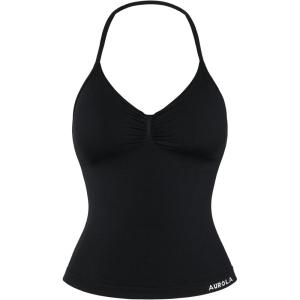 imageAUROLA Influence Longline Strappy Top Workout Tank Tops for Women Built in Shelf Bras Impact Gym Sports BraBlack