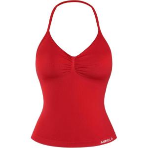 imageAUROLA Influence Longline Strappy Top Workout Tank Tops for Women Built in Shelf Bras Impact Gym Sports BraChili Red