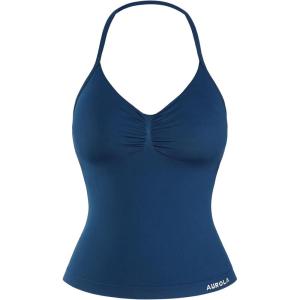 imageAUROLA Influence Longline Strappy Top Workout Tank Tops for Women Built in Shelf Bras Impact Gym Sports BraEnsign Blue