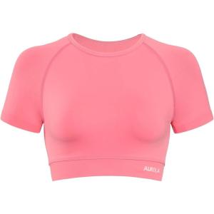 imageAUROLA Influence Crop Top Workout Shirts for Women UltraSoft Seamless Gym T Shirts Short Sleeve Running Workout TopsBubblegum