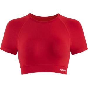 imageAUROLA Influence Crop Top Workout Shirts for Women UltraSoft Seamless Gym T Shirts Short Sleeve Running Workout TopsChili Red