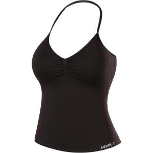 imageAUROLA Influence Longline Strappy Workout Halter Tops for WomenRemovable Cups Padded Bras Impact Gym Yoga Sleeveless TopCoffee