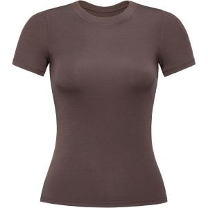 imageAUROLA Everyday Fitted TShirt for WomenCrew Neck Basic Short Sleeves T ShirtCrop Tops Modal Slim Fit TeeBrown