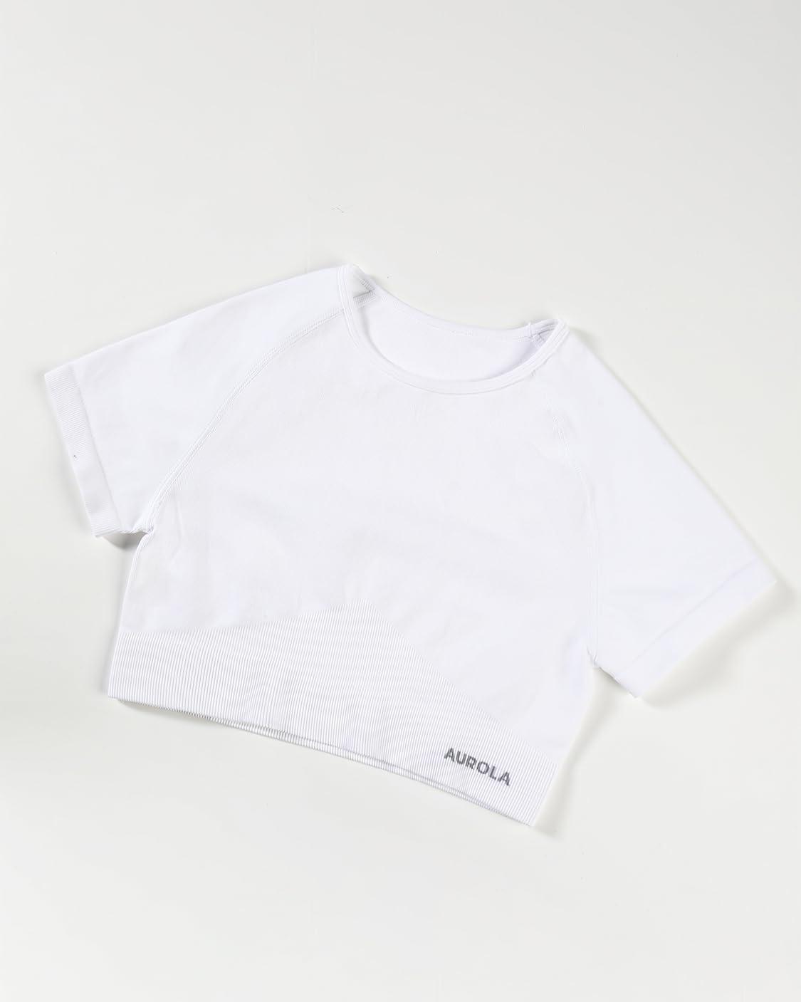 imageAUROLA Serpent Snake Seamless Workout TShirts for WomenShort Sleeve Crop Top Gym Yoga Athletic Shirts TeePacksolidblackcrescent White