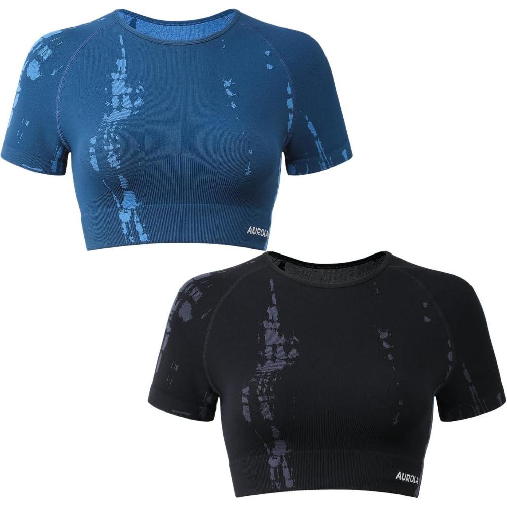 imageAUROLA Serpent Snake Seamless Workout TShirts for WomenShort Sleeve Crop Top Gym Yoga Athletic Shirts TeePackblackwater Blue