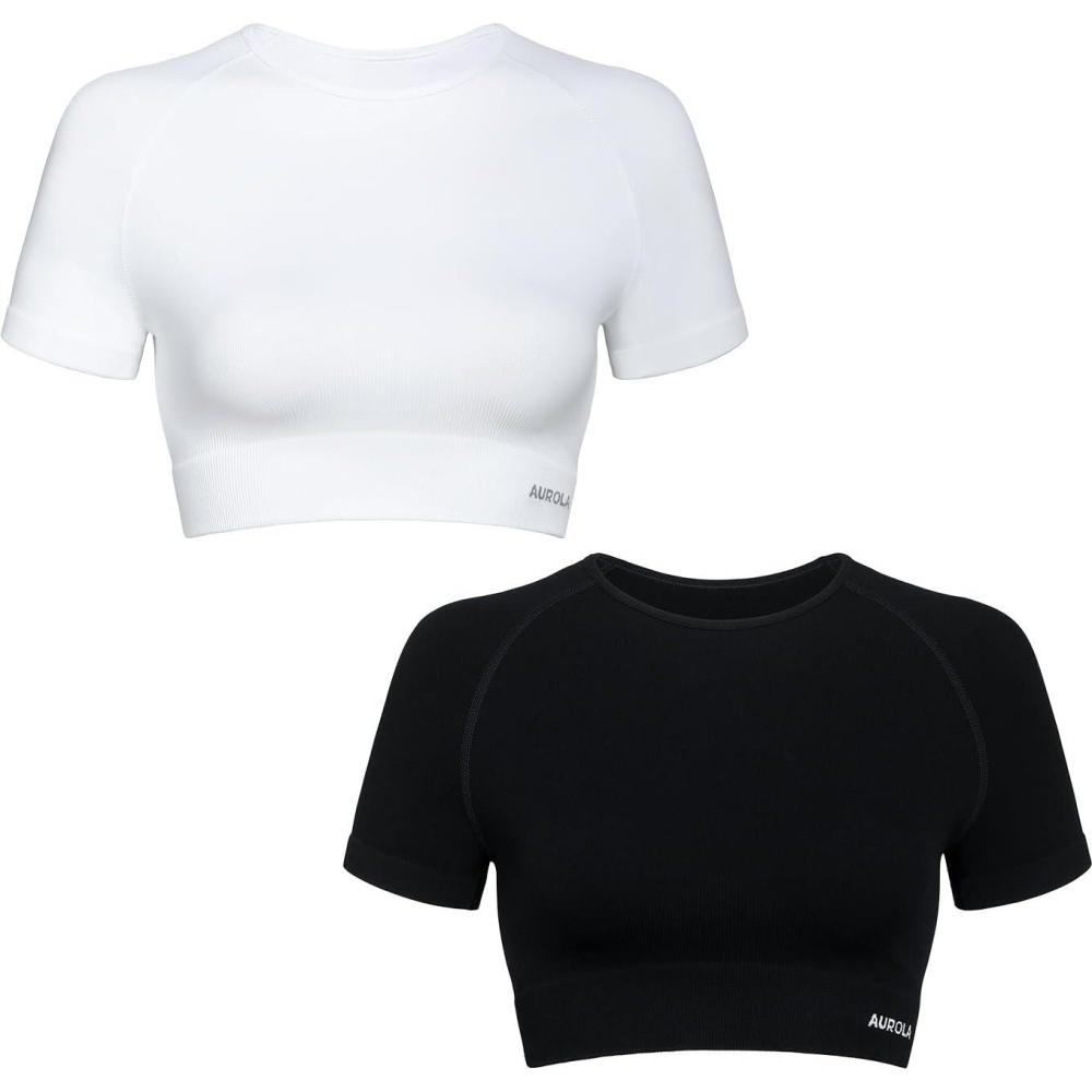 imageAUROLA Serpent Snake Seamless Workout TShirts for WomenShort Sleeve Crop Top Gym Yoga Athletic Shirts TeePacksolidblackcrescent White