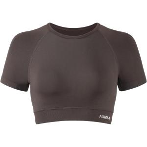 imageAUROLA Influence Crop Top Workout Shirts for Women UltraSoft Seamless Gym T Shirts Short Sleeve Running Workout TopsChestnut Brown