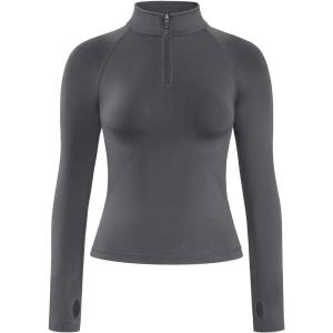 imageAUROLA Influence Workout Jacket for Women Half Zip Cropped Slim Fit Long Sleeve Yoga Jackets Athletic Top with Thumb HolesDark Grey