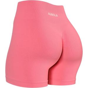 imageAUROLA Power Workout Shorts for Women Tummy Control Squat Proof Ribbed Thick Seamless Scrunch Active ShortBubblegum