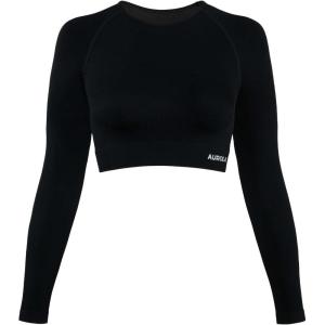 imageAUROLA Serpent Snake Long Sleeve Shirts for Women Seamless Workout Crop Tops Crew Neck Cropped T Shirt Athletic YogaSolidblack