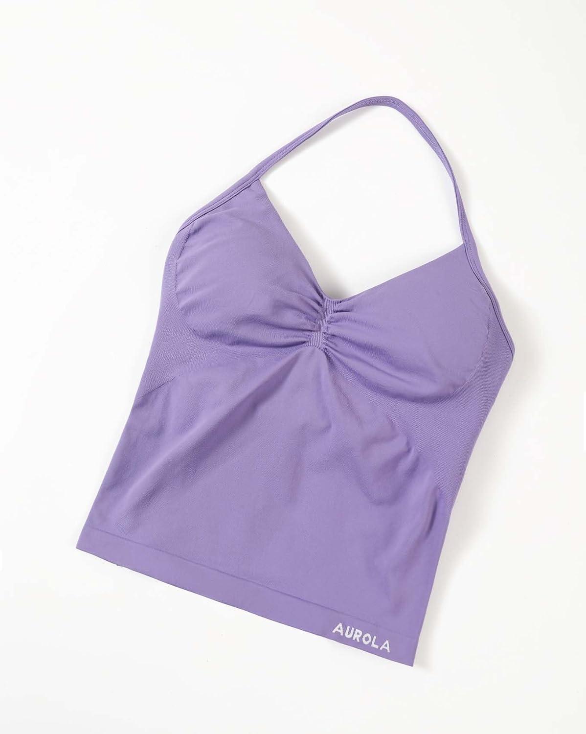 imageAUROLA Influence Longline Strappy Workout Halter Tops for WomenRemovable Cups Padded Bras Impact Gym Yoga Sleeveless TopChalk Violet