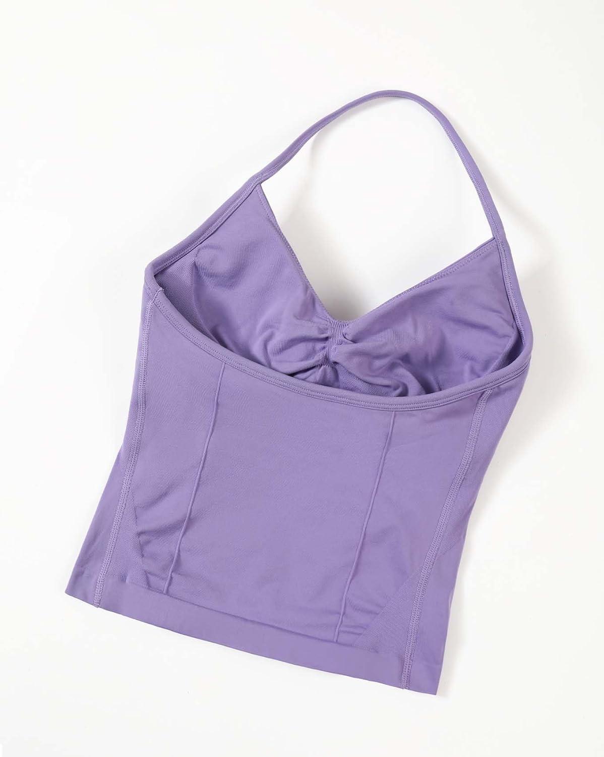 imageAUROLA Influence Longline Strappy Workout Halter Tops for WomenRemovable Cups Padded Bras Impact Gym Yoga Sleeveless TopChalk Violet