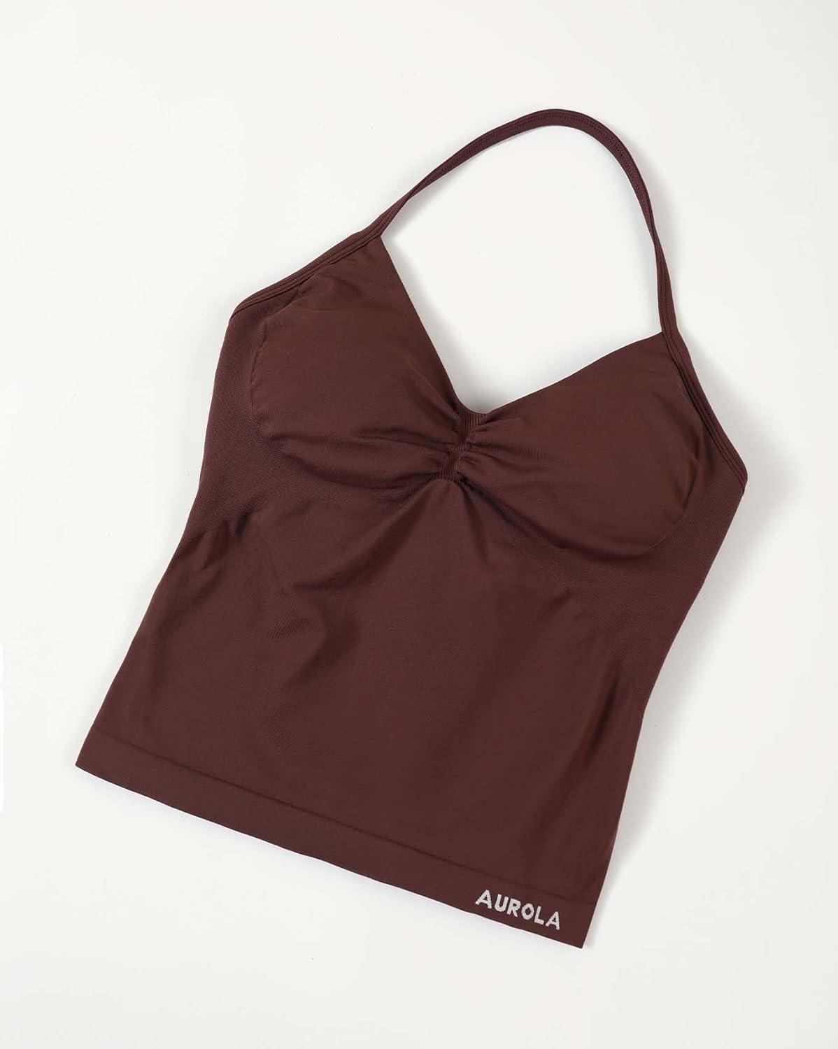 imageAUROLA Influence Longline Strappy Workout Halter Tops for WomenRemovable Cups Padded Bras Impact Gym Yoga Sleeveless TopCinnamon