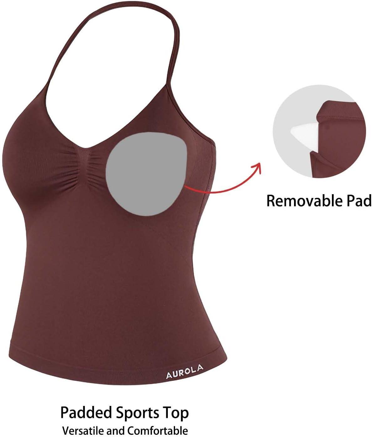 imageAUROLA Influence Longline Strappy Workout Halter Tops for WomenRemovable Cups Padded Bras Impact Gym Yoga Sleeveless TopCinnamon