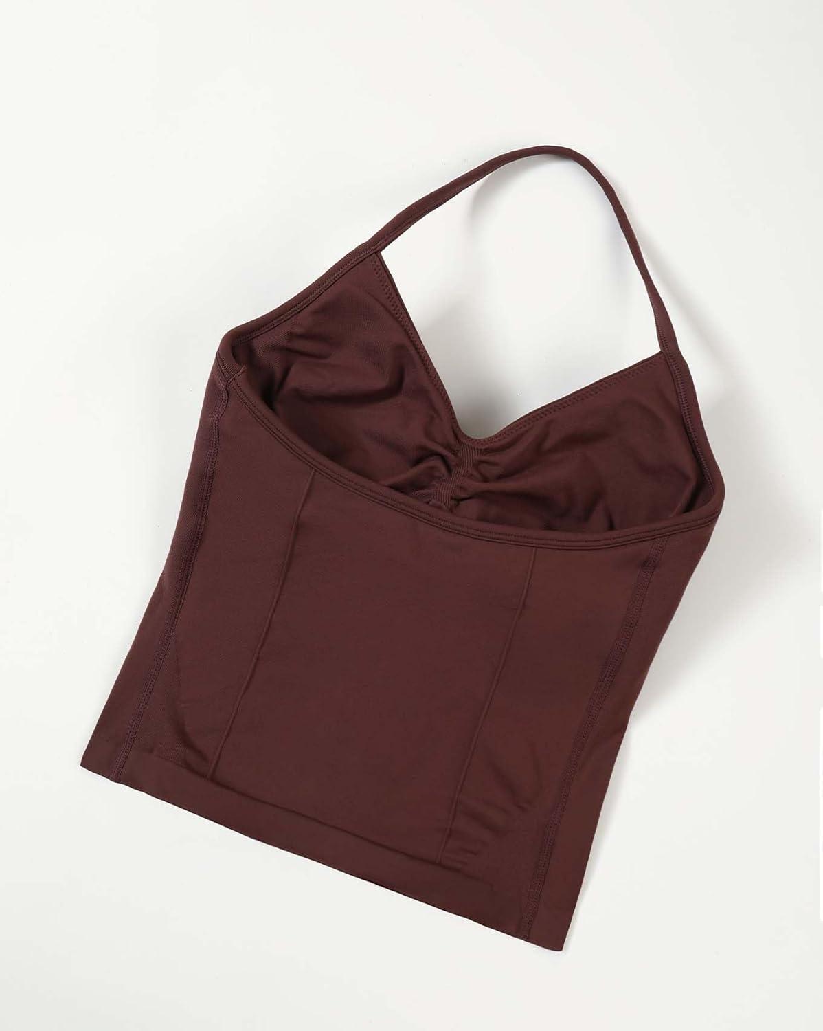 imageAUROLA Influence Longline Strappy Workout Halter Tops for WomenRemovable Cups Padded Bras Impact Gym Yoga Sleeveless TopCinnamon
