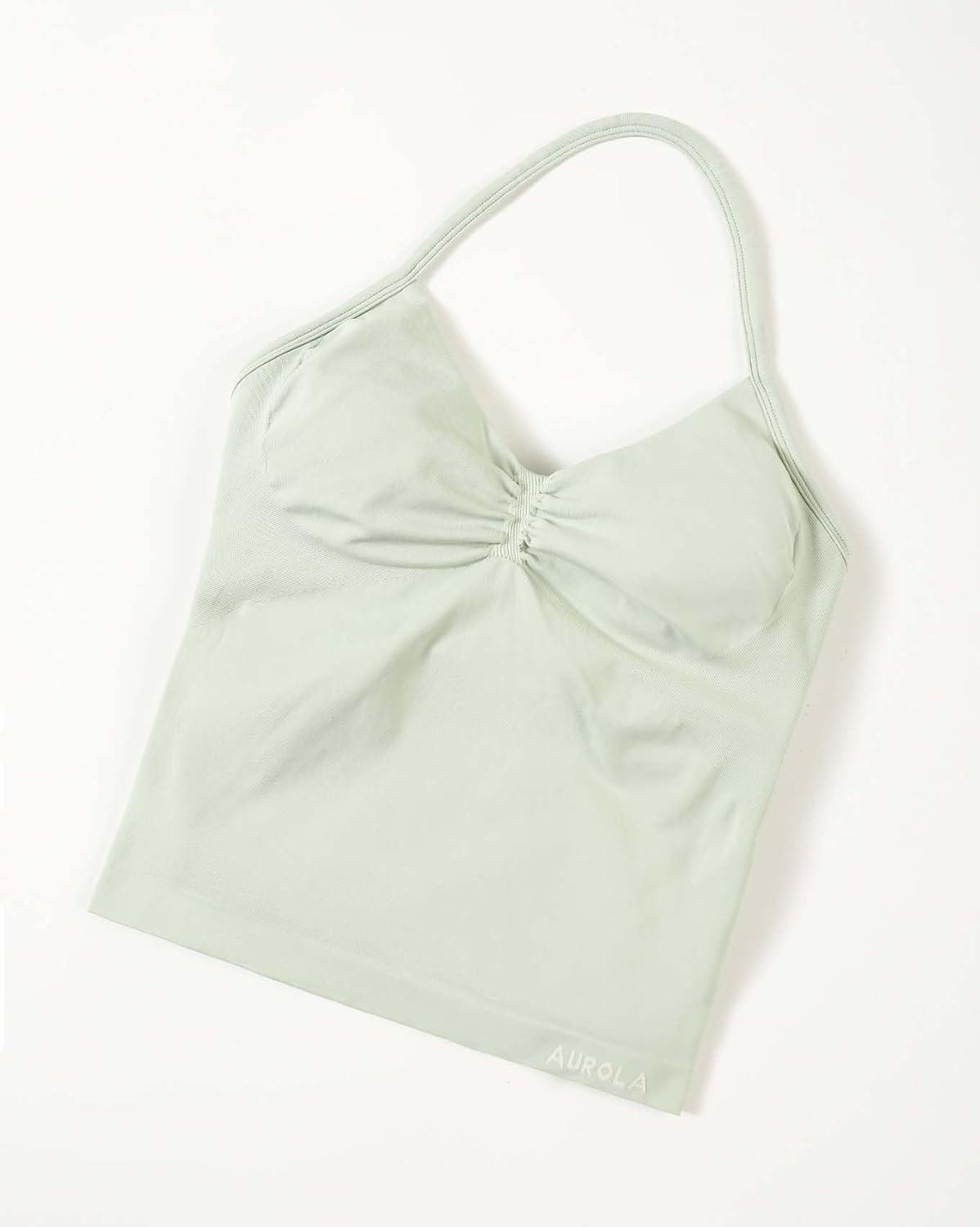 imageAUROLA Influence Longline Strappy Workout Halter Tops for WomenRemovable Cups Padded Bras Impact Gym Yoga Sleeveless TopFog Green