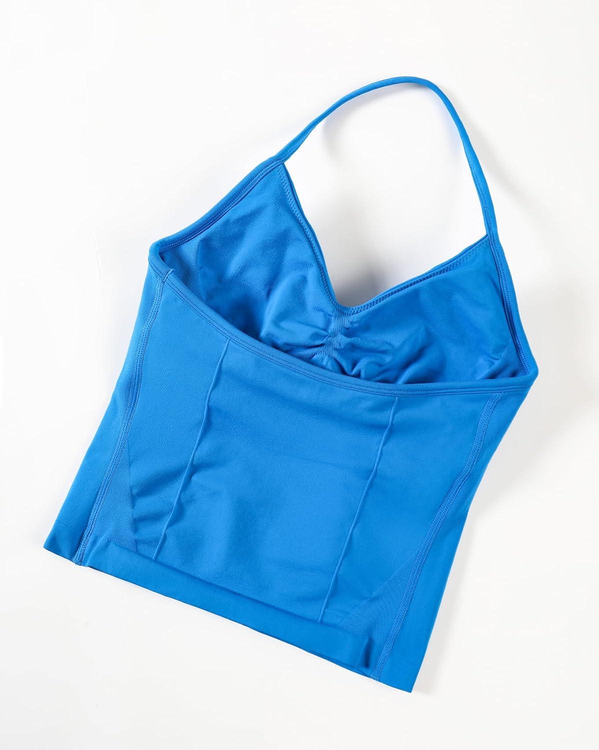 imageAUROLA Influence Longline Strappy Workout Halter Tops for WomenRemovable Cups Padded Bras Impact Gym Yoga Sleeveless TopIndigo