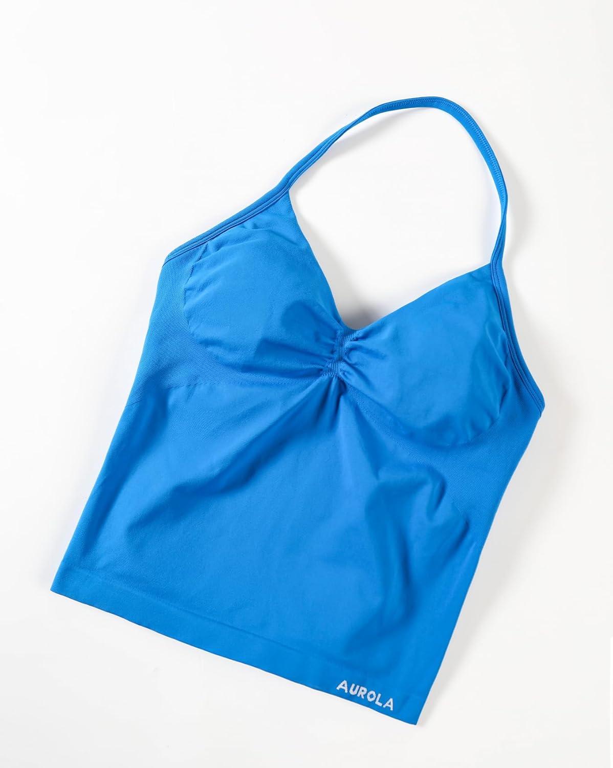 imageAUROLA Influence Longline Strappy Workout Halter Tops for WomenRemovable Cups Padded Bras Impact Gym Yoga Sleeveless TopIndigo