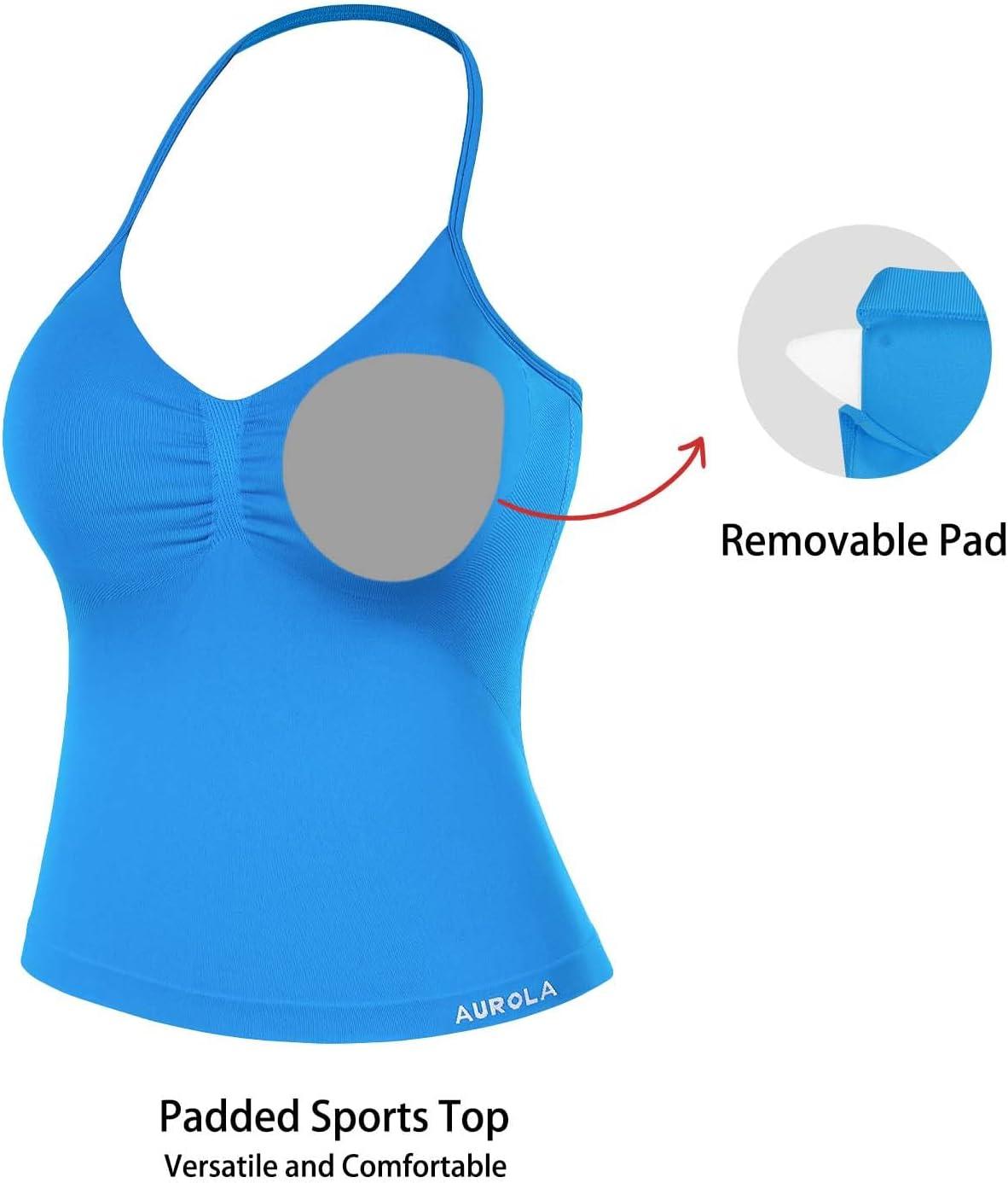 imageAUROLA Influence Longline Strappy Workout Halter Tops for WomenRemovable Cups Padded Bras Impact Gym Yoga Sleeveless TopIndigo