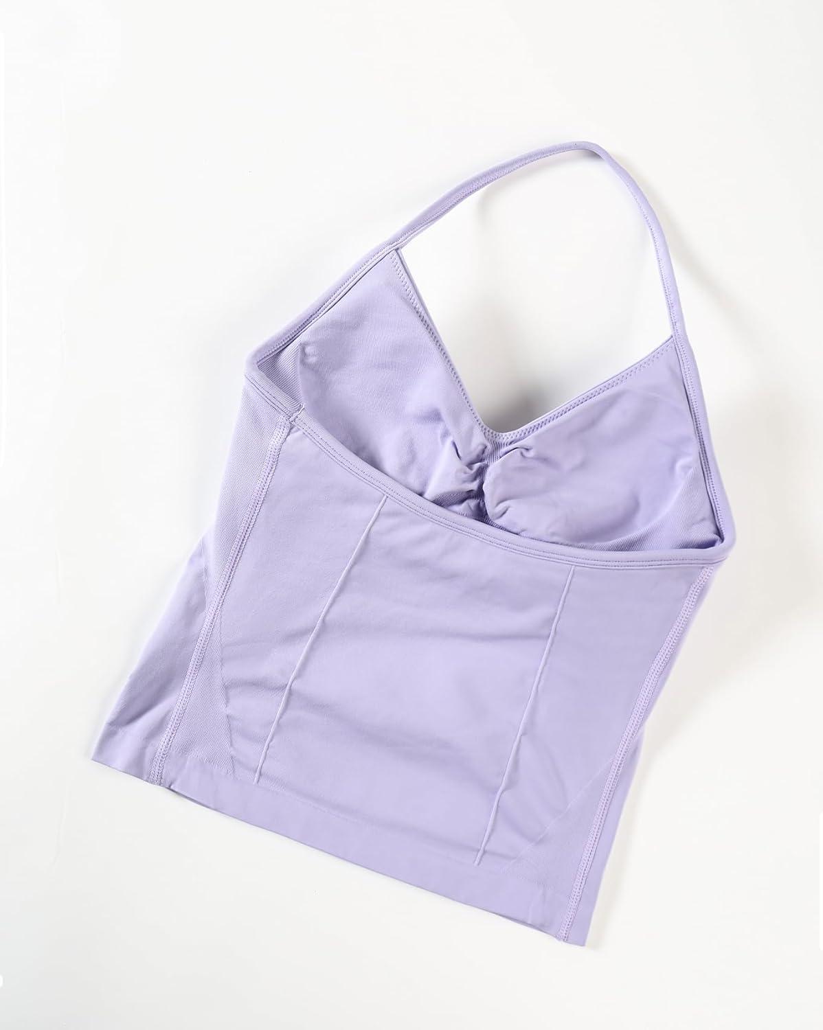 imageAUROLA Influence Longline Strappy Workout Halter Tops for WomenRemovable Cups Padded Bras Impact Gym Yoga Sleeveless TopLavender