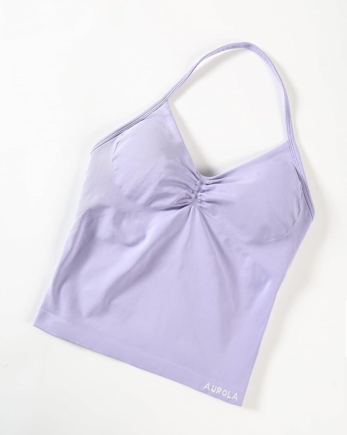 imageAUROLA Influence Longline Strappy Workout Halter Tops for WomenRemovable Cups Padded Bras Impact Gym Yoga Sleeveless TopLavender