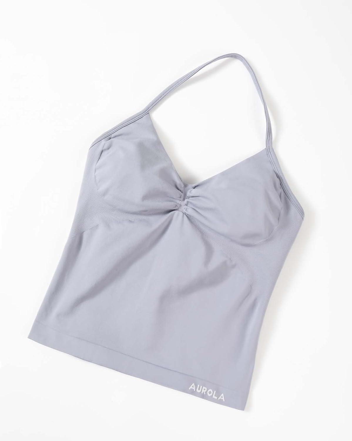 imageAUROLA Influence Longline Strappy Workout Halter Tops for WomenRemovable Cups Padded Bras Impact Gym Yoga Sleeveless TopLilac Gray