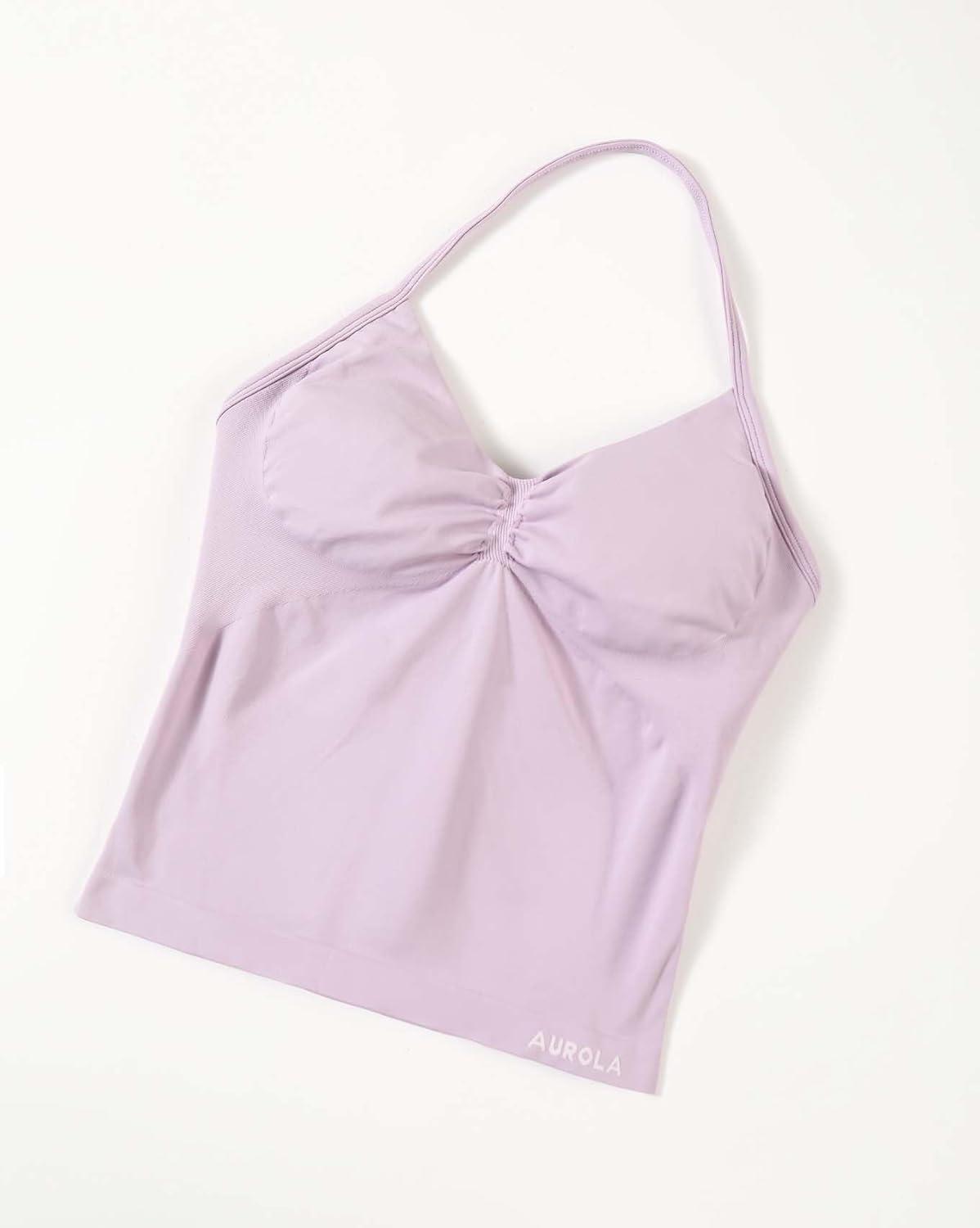imageAUROLA Influence Longline Strappy Workout Halter Tops for WomenRemovable Cups Padded Bras Impact Gym Yoga Sleeveless TopLilac Snow