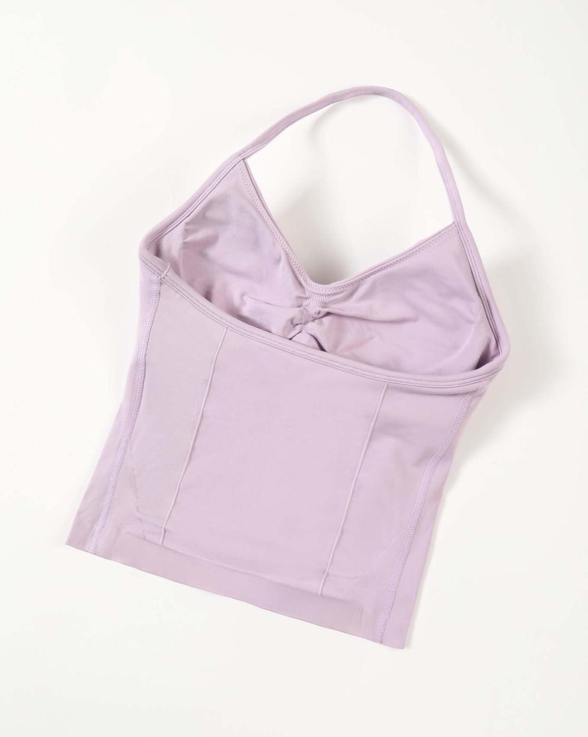 imageAUROLA Influence Longline Strappy Workout Halter Tops for WomenRemovable Cups Padded Bras Impact Gym Yoga Sleeveless TopLilac Snow