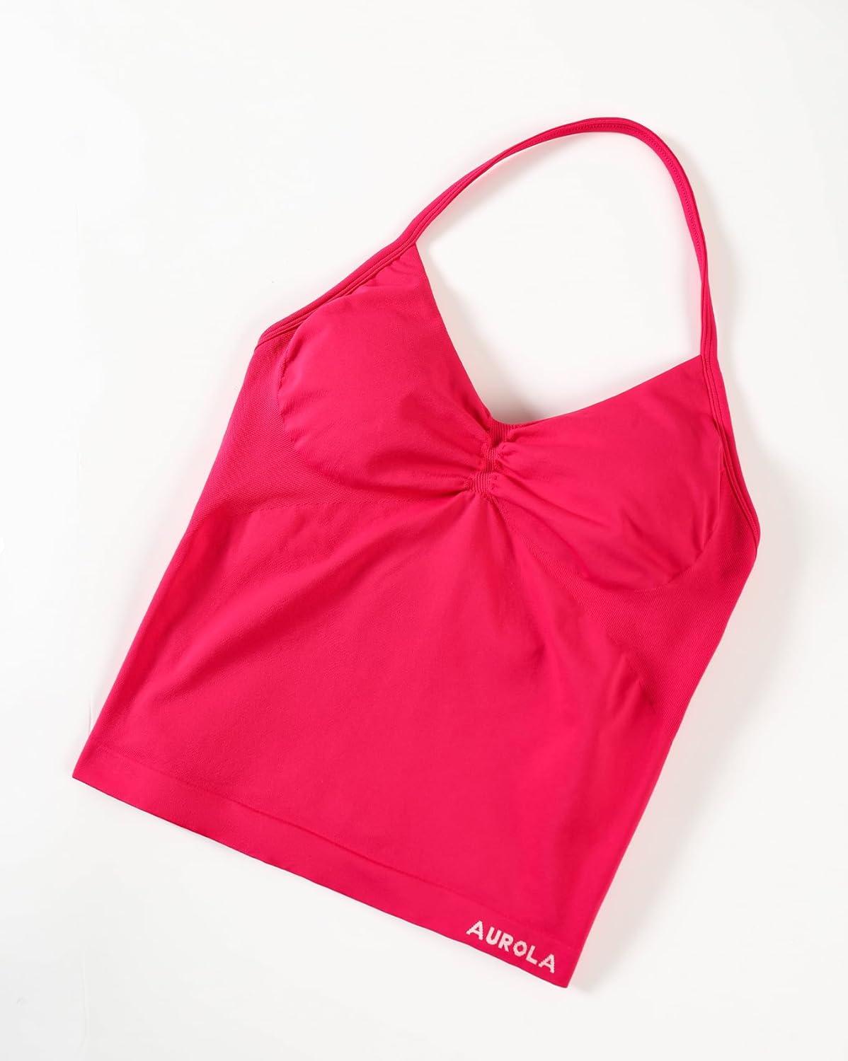 imageAUROLA Influence Longline Strappy Workout Halter Tops for WomenRemovable Cups Padded Bras Impact Gym Yoga Sleeveless TopPink