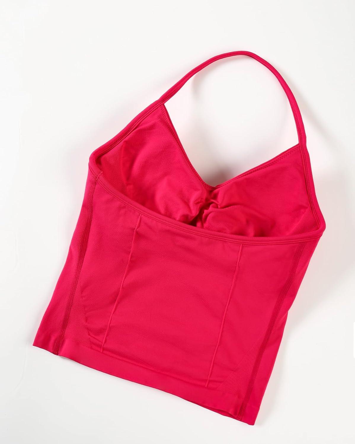 imageAUROLA Influence Longline Strappy Workout Halter Tops for WomenRemovable Cups Padded Bras Impact Gym Yoga Sleeveless TopPink