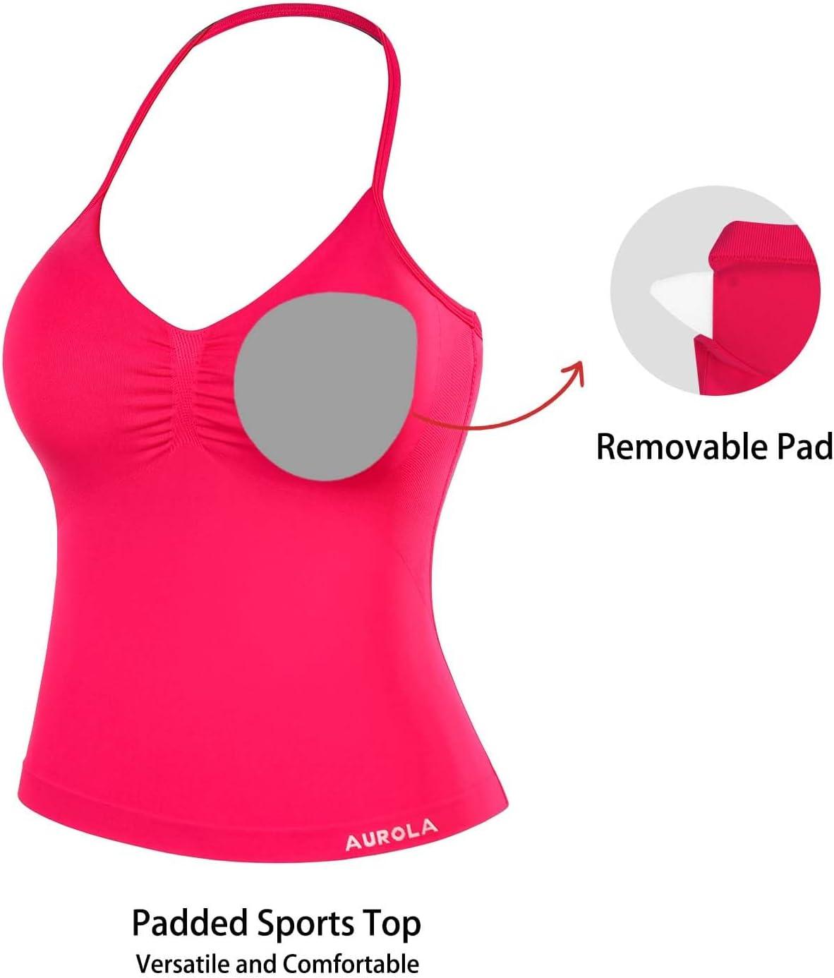 imageAUROLA Influence Longline Strappy Workout Halter Tops for WomenRemovable Cups Padded Bras Impact Gym Yoga Sleeveless TopPink