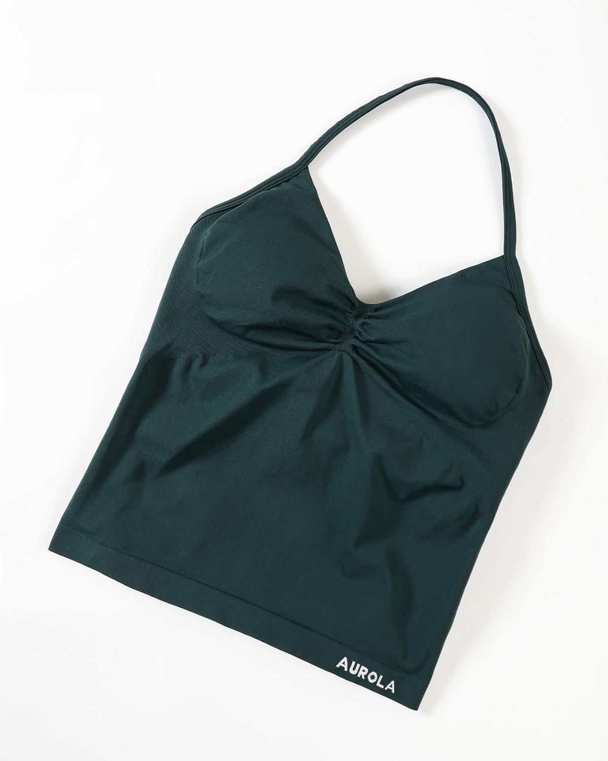 imageAUROLA Influence Longline Strappy Workout Halter Tops for WomenRemovable Cups Padded Bras Impact Gym Yoga Sleeveless TopPonderosa Green