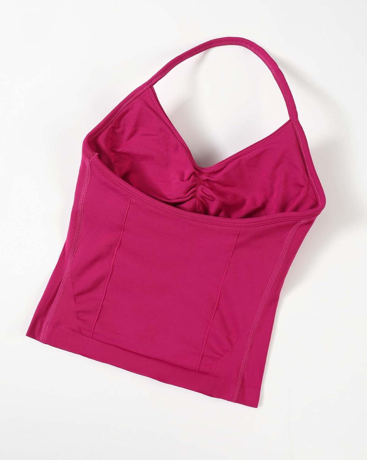 imageAUROLA Influence Longline Strappy Workout Halter Tops for WomenRemovable Cups Padded Bras Impact Gym Yoga Sleeveless TopVivid Cerise