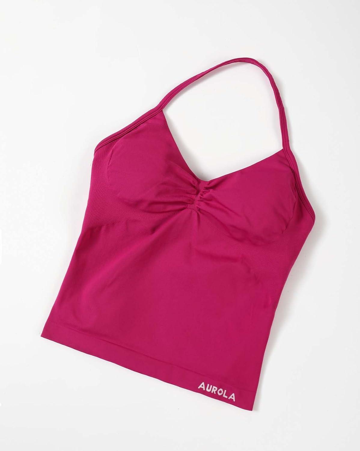 imageAUROLA Influence Longline Strappy Workout Halter Tops for WomenRemovable Cups Padded Bras Impact Gym Yoga Sleeveless TopVivid Cerise