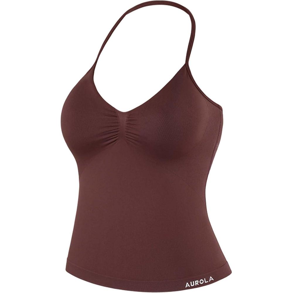 imageAUROLA Influence Longline Strappy Workout Halter Tops for WomenRemovable Cups Padded Bras Impact Gym Yoga Sleeveless TopCinnamon