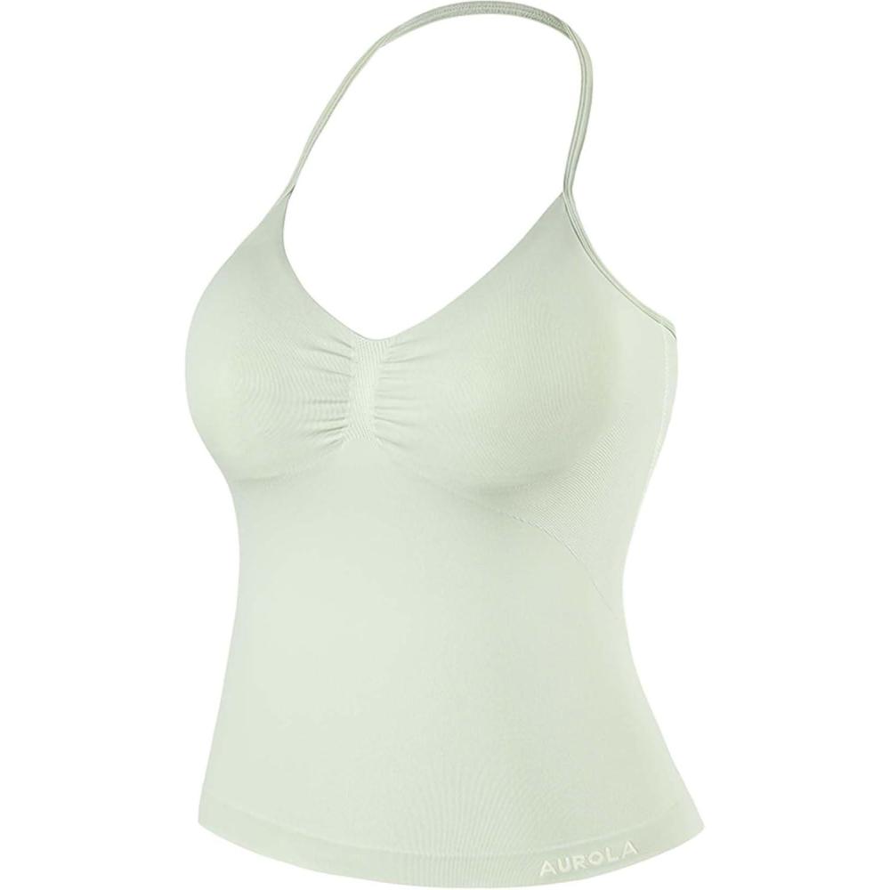 imageAUROLA Influence Longline Strappy Workout Halter Tops for WomenRemovable Cups Padded Bras Impact Gym Yoga Sleeveless TopFog Green