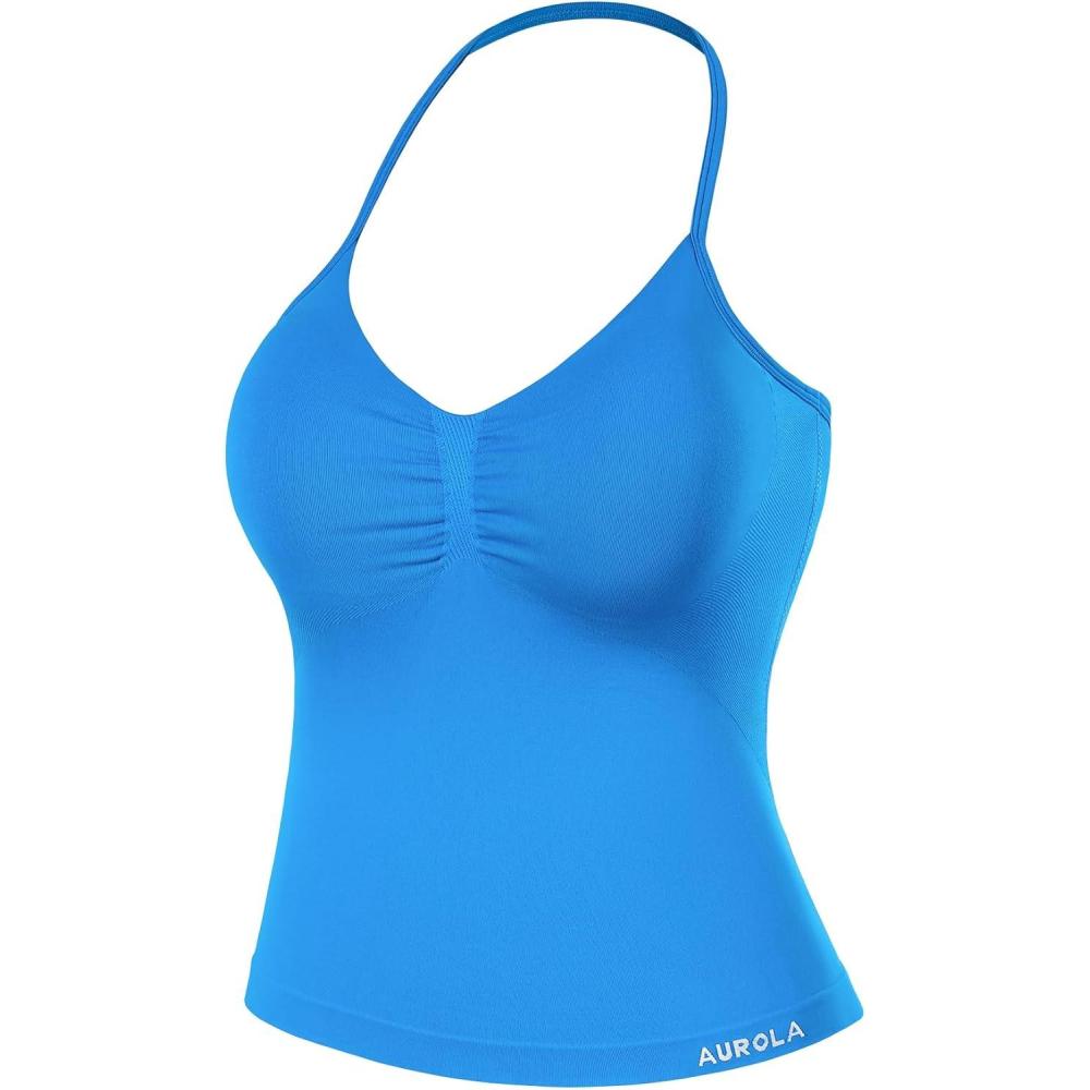 imageAUROLA Influence Longline Strappy Workout Halter Tops for WomenRemovable Cups Padded Bras Impact Gym Yoga Sleeveless TopIndigo